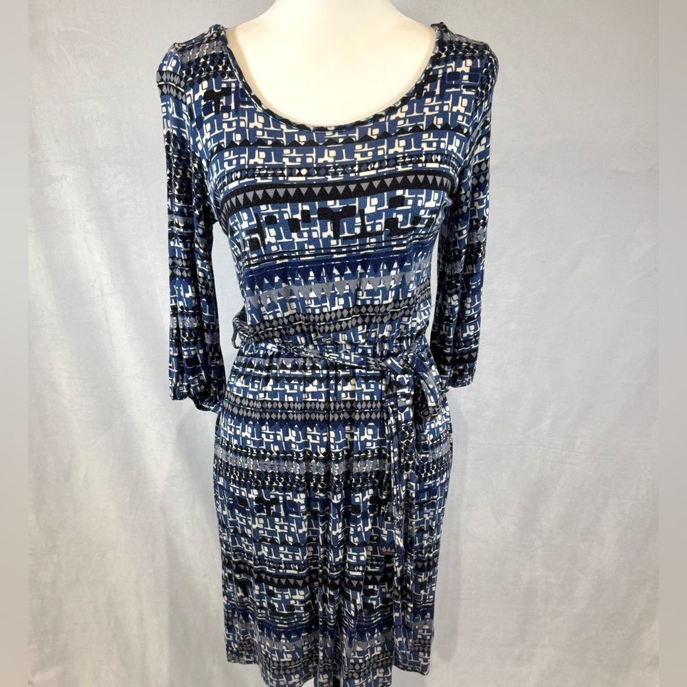 Papermoon blue black and gray abstract print belted dress size medium